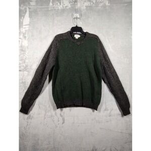 J.Crew Mens XL Wool V-Neck Sweater Green Grey Colorblock Textured Knit Pullover
